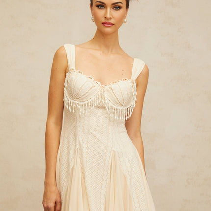 Jazlyn White Mini Dress with Faux-Pearl Embellishments and Brooch Detail