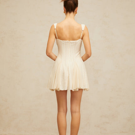 Jazlyn White Mini Dress with Sweetheart Neckline and Faux-Pearl Embellishments
