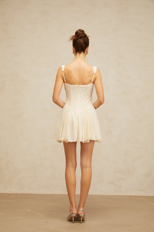 Jazlyn White Mini Dress with Sweetheart Neckline and Faux-Pearl Embellishments