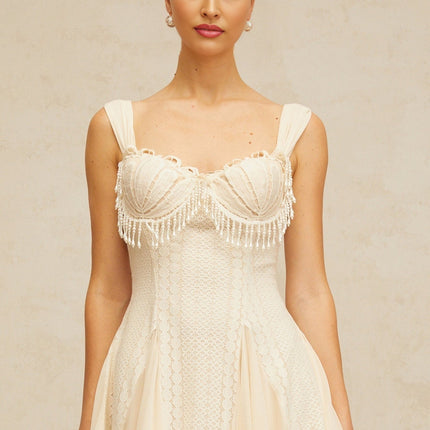 Jazlyn White Mini Dress with Sweetheart Neckline and Faux-Pearl Embellishments