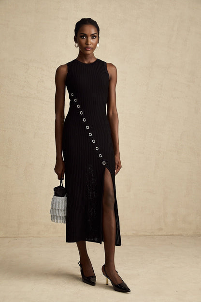 Jeanne black hoopembellished knitted midi dress