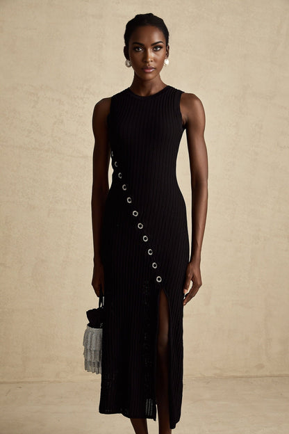 Jeanne black hoopembellished knitted midi dress