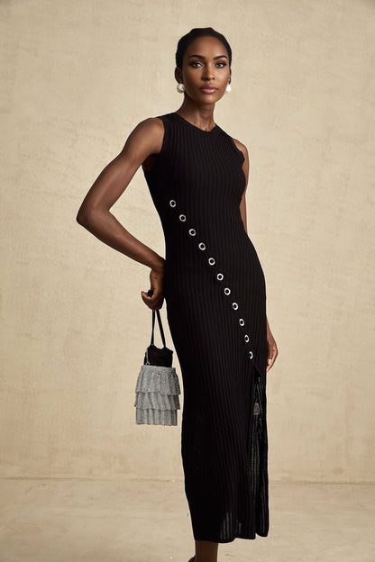 Jeanne black hoopembellished knitted midi dress
