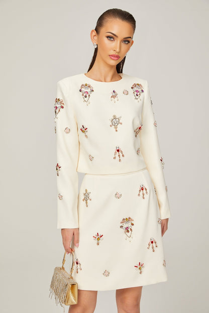Jeanne white crystalembellished top  skirt matching set