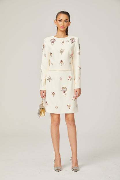 Jeanne white crystalembellished top  skirt matching set