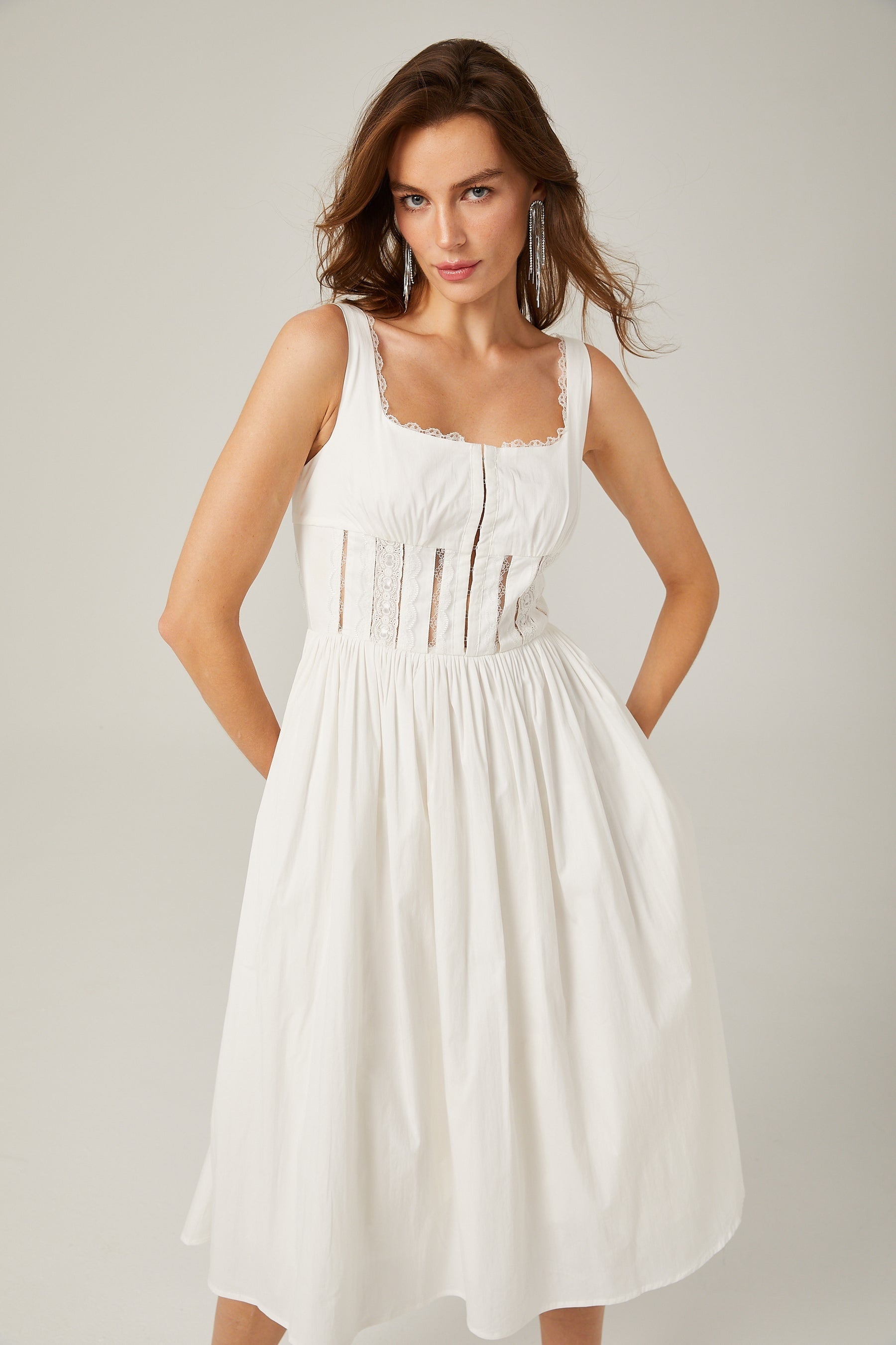 Jeanne white lace cutout midi dress