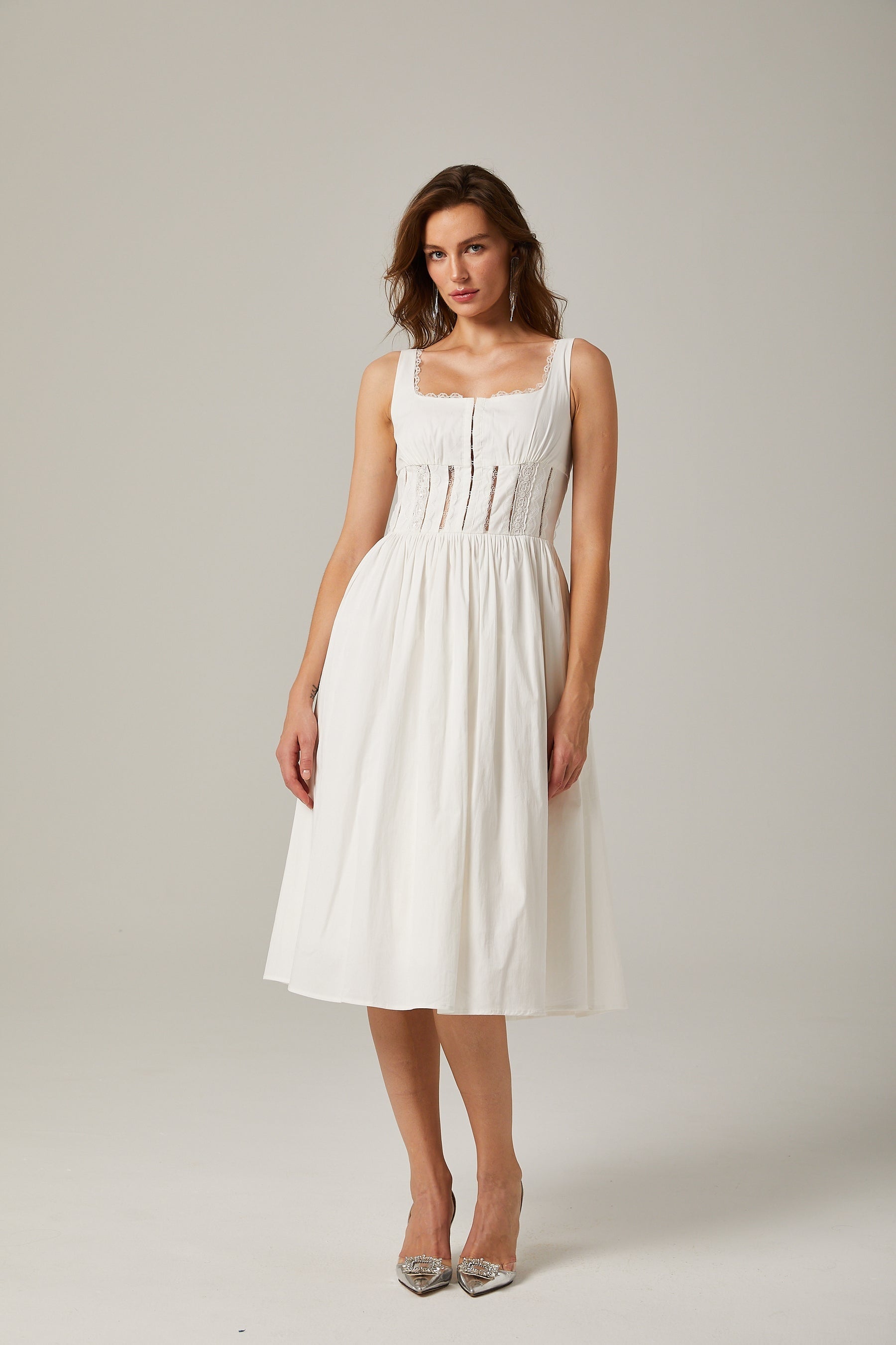 Jeanne white lace cutout midi dress