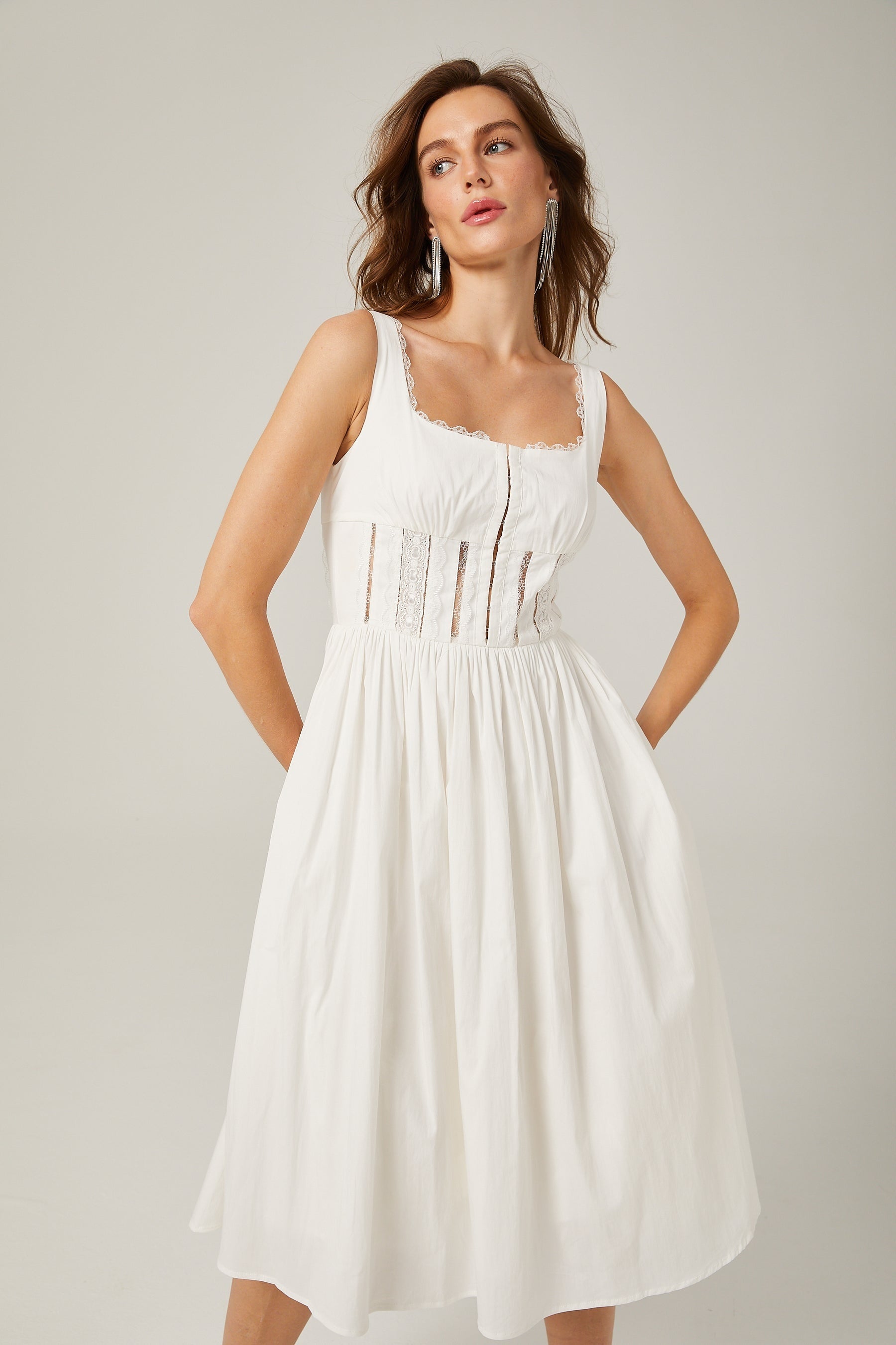 Jeanne white lace cutout midi dress