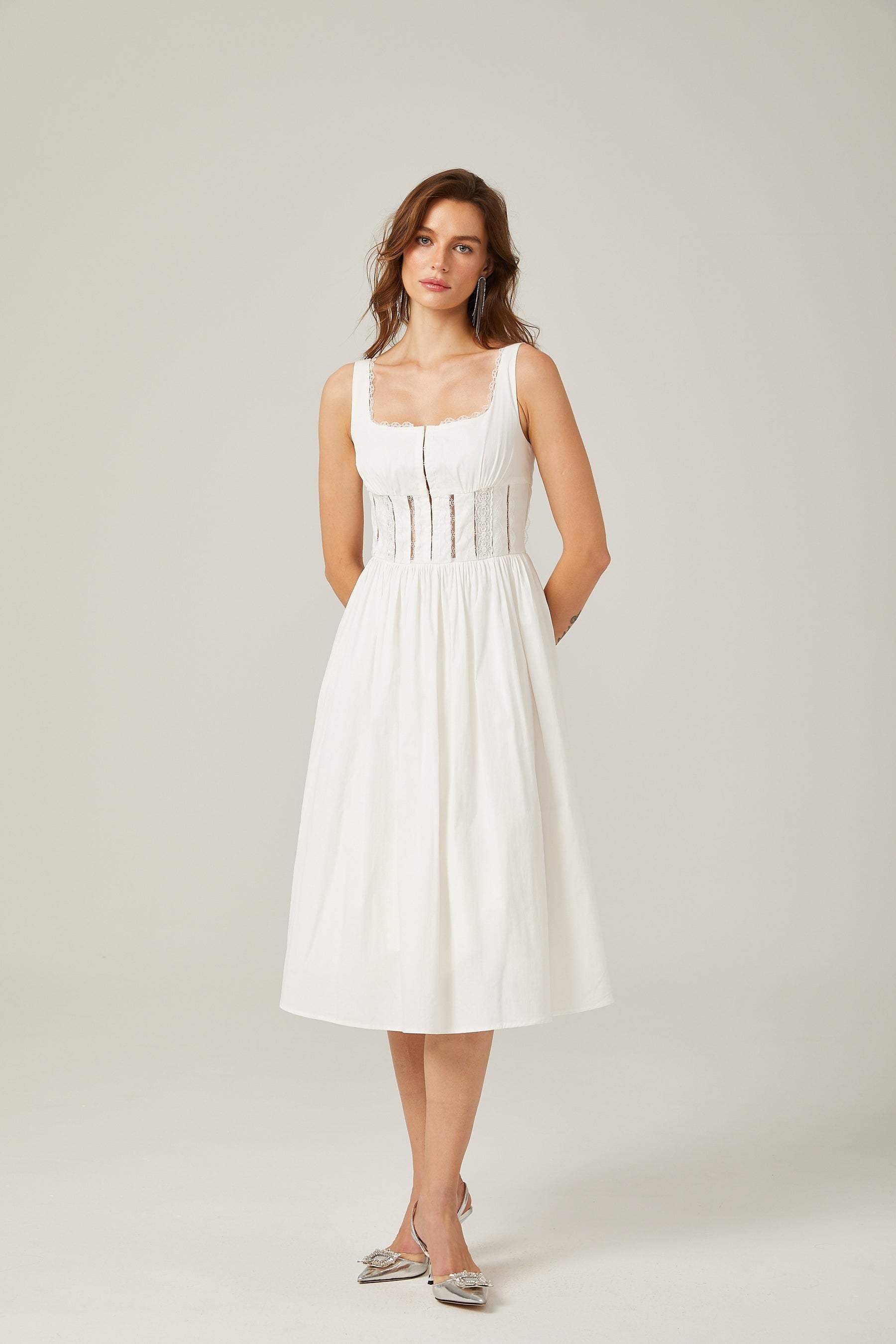 Jeanne white lace cutout midi dress