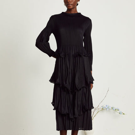 Jelena Black Midi Dress with Pleated and Tiered Ruffled Detailing