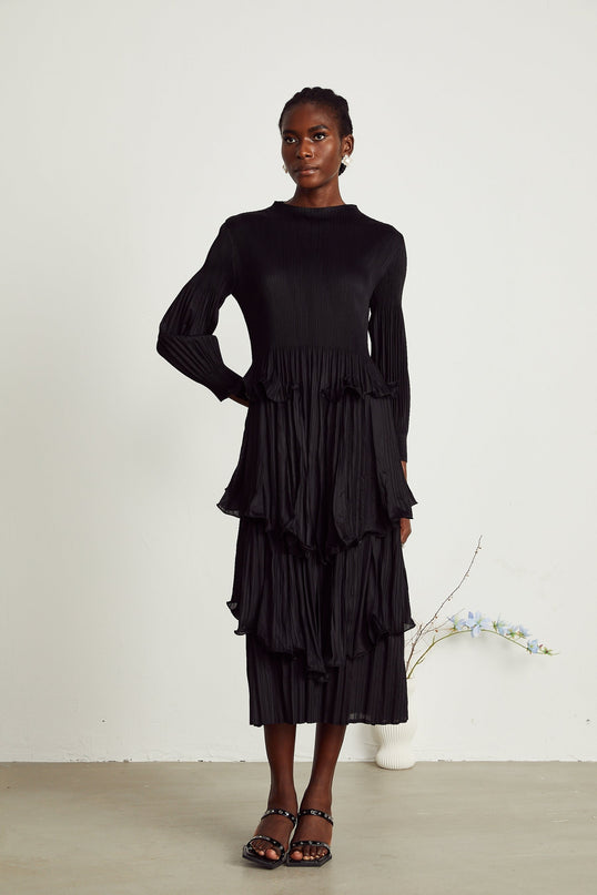 Jelena Black Midi Dress with Pleated and Tiered Ruffled Detailing