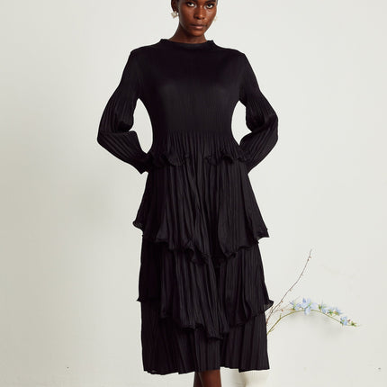 Jelena Black Pleated Ruffle Tiered Midi Dress