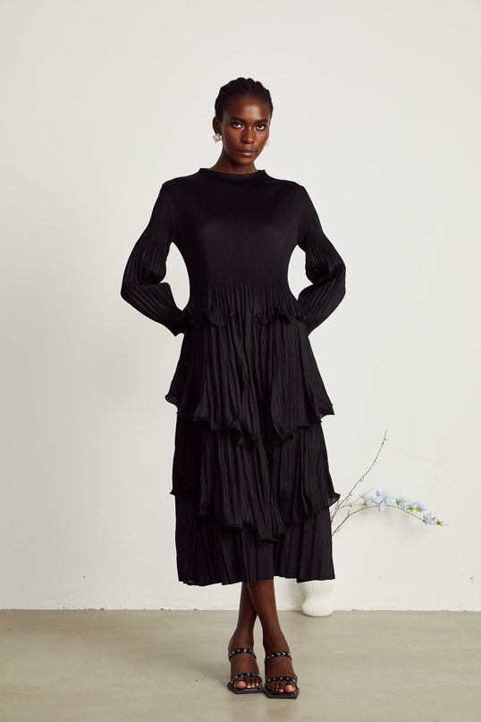Jelena Black Pleated Ruffle Tiered Midi Dress