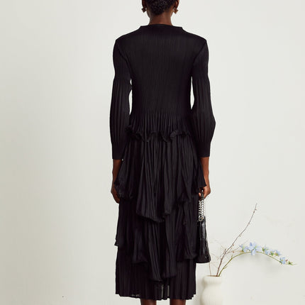 Jelena Black Pleated Ruffled Midi Dress