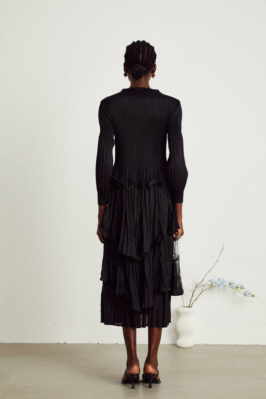 Jelena Black Pleated Ruffled Midi Dress