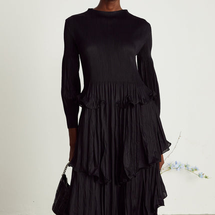 Jelena Black Pleated Ruffled Midi Dress