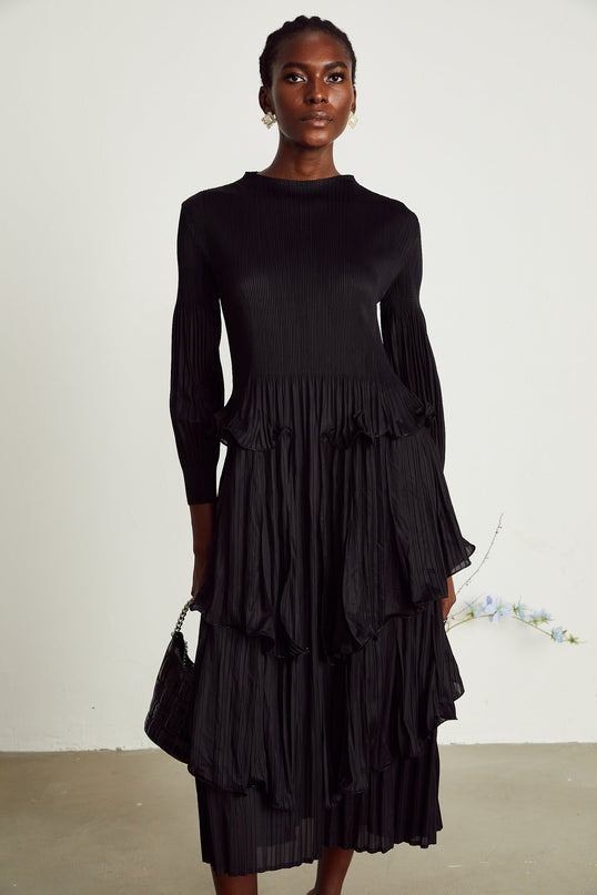 Jelena Black Pleated Ruffled Midi Dress