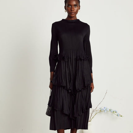 Jelena Black Pleated Ruffled Midi Dress with Long Sleeves and Round Neck in Stretch Jersey Fabric