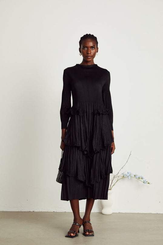 Jelena Black Pleated Ruffled Midi Dress with Long Sleeves and Round Neck in Stretch Jersey Fabric