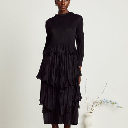 Jelena Black Pleated Ruffled Midi Dress with Long Sleeves and Round Neck in Stretch Jersey Fabric