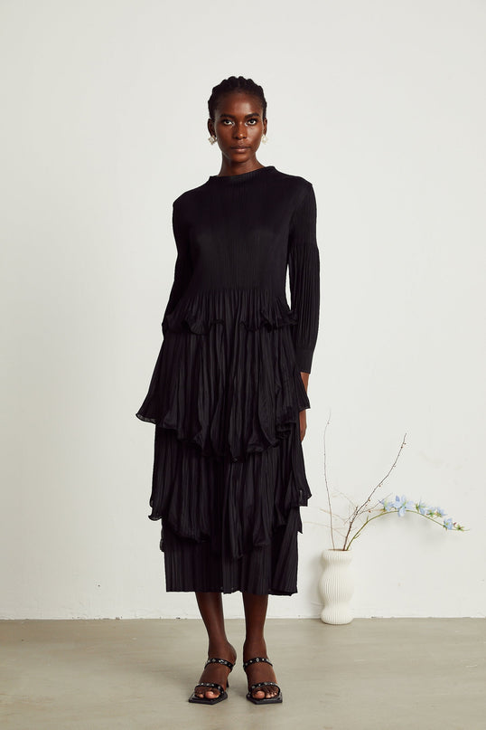 Jelena Black Pleated Ruffled Midi Dress with Long Sleeves and Round Neck in Stretch Jersey Fabric