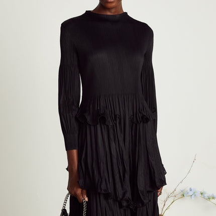 Jelena Black Pleated Ruffled Midi Dress
