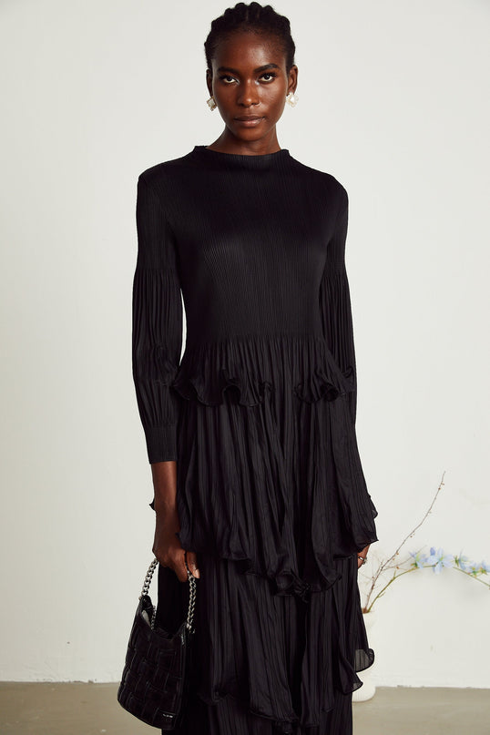Jelena Black Pleated Ruffled Midi Dress