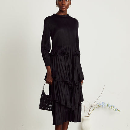 Jelena Black Pleated Ruffled Midi Dress with Long Sleeves and Stretch Jersey Fabric