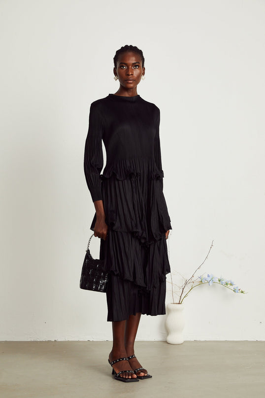 Jelena Black Pleated Ruffled Midi Dress with Long Sleeves and Stretch Jersey Fabric