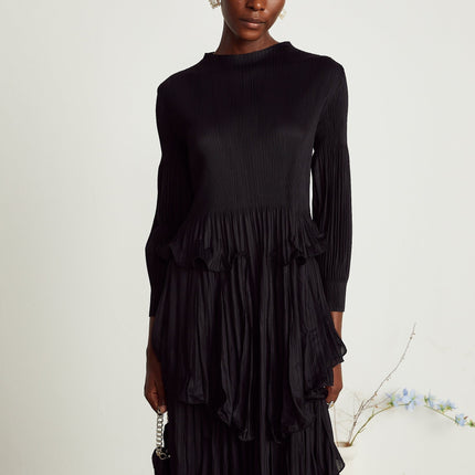Jelena Black Pleated Tiered Ruffled Midi Dress with Long Sleeves
