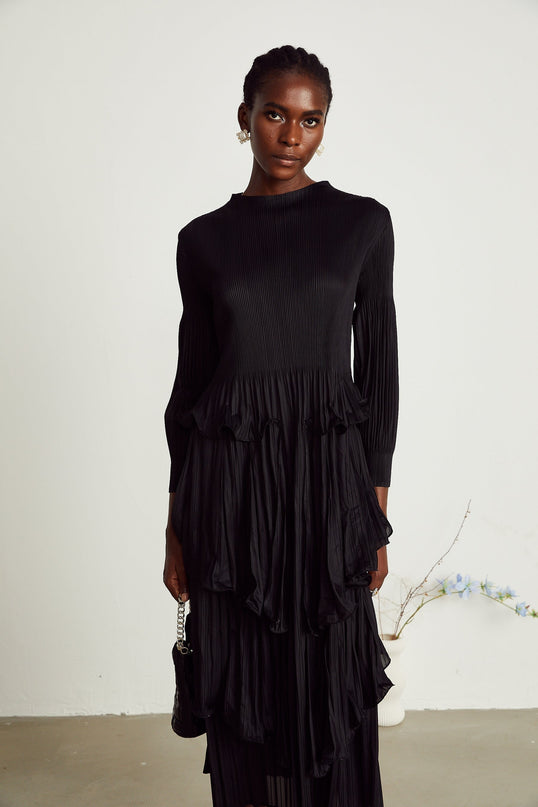 Jelena Black Pleated Tiered Ruffled Midi Dress with Long Sleeves