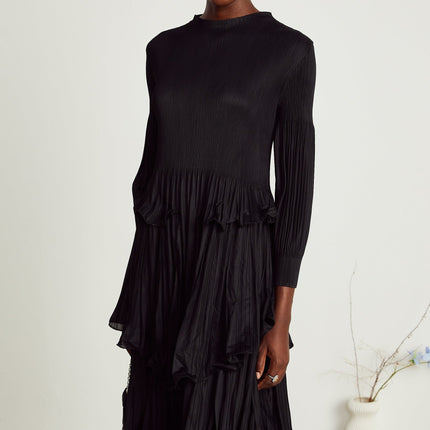 Jelena Black Pleated Tiered Ruffled Midi Dress with Long Sleeves and Round Neck in Stretch Jersey Fabric