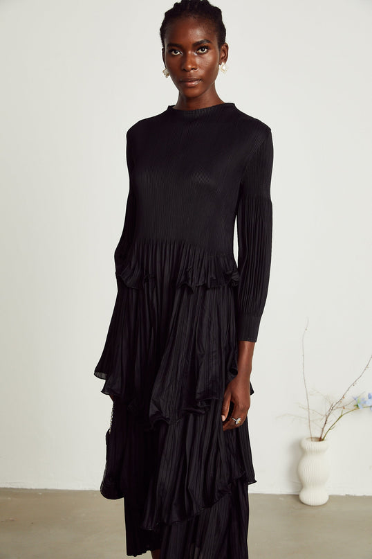 Jelena Black Pleated Tiered Ruffled Midi Dress with Long Sleeves and Round Neck in Stretch Jersey Fabric
