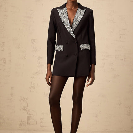 Jenna Black Crystal Embellished Blazer With Peak Lapels and Buttoned-Cuff Sleeves