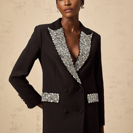Jenna Black Crystal Embellished Blazer Peak Lapels Buttoned Cuff Sleeves Flap Pockets Double Breasted Front Button Fastening Polyester Rayon
