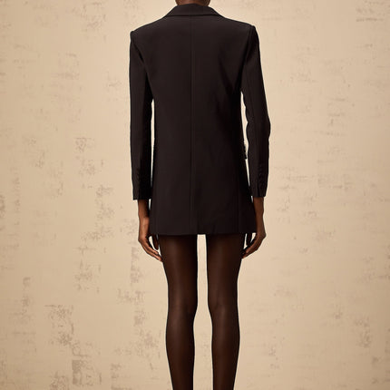 Jenna Black Crystal Embellished Blazer With Peak Lapels and Buttoned-Cuff Sleeves