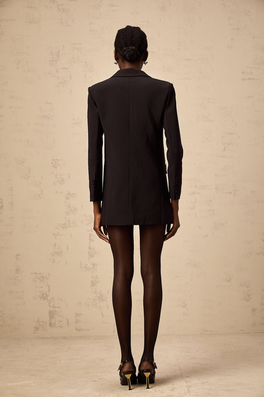 Jenna Black Crystal Embellished Blazer With Peak Lapels and Buttoned-Cuff Sleeves