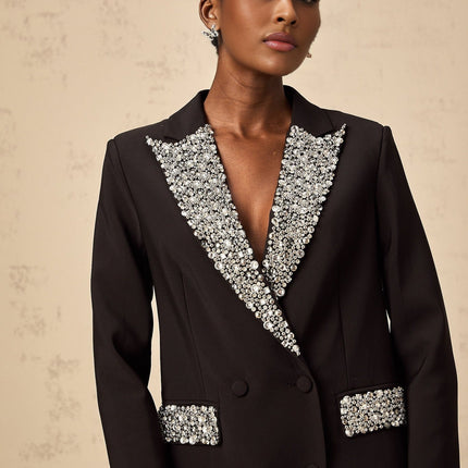 Jenna Black Crystal Embellished Blazer With Peak Lapels and Buttoned-Cuff Sleeves