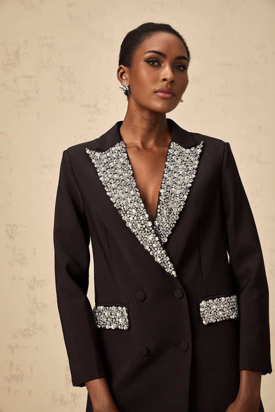 Jenna Black Crystal Embellished Blazer With Peak Lapels and Buttoned-Cuff Sleeves