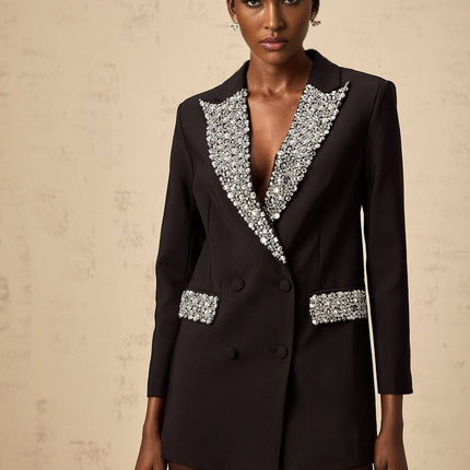 Jenna Black Crystal Embellished Blazer Peak Lapels Buttoned Cuff Sleeves Flap Pockets Double Breasted Luxury Style