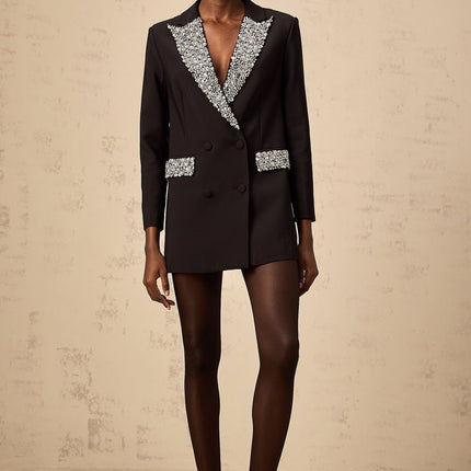 Jenna Black Crystal Embellished Blazer with Peak Lapels and Buttoned-Cuff Sleeves