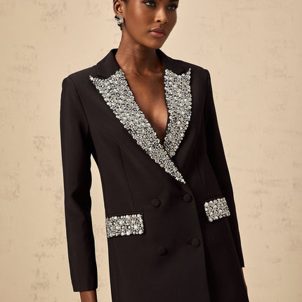 Jenna Black Crystal Embellished Blazer Peak Lapels Buttoned Cuff Sleeves Flap Pockets Double Breasted Luxury Style