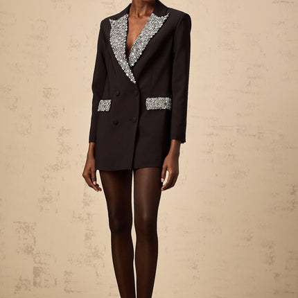 Jenna Black Crystal Embellished Blazer Peak Lapels Buttoned Cuff Sleeves Flap Pockets Double Breasted Front Button Fastening Polyester Rayon Comfort Durability Luxury Style Elegance Opulence Fashion Connoisseur