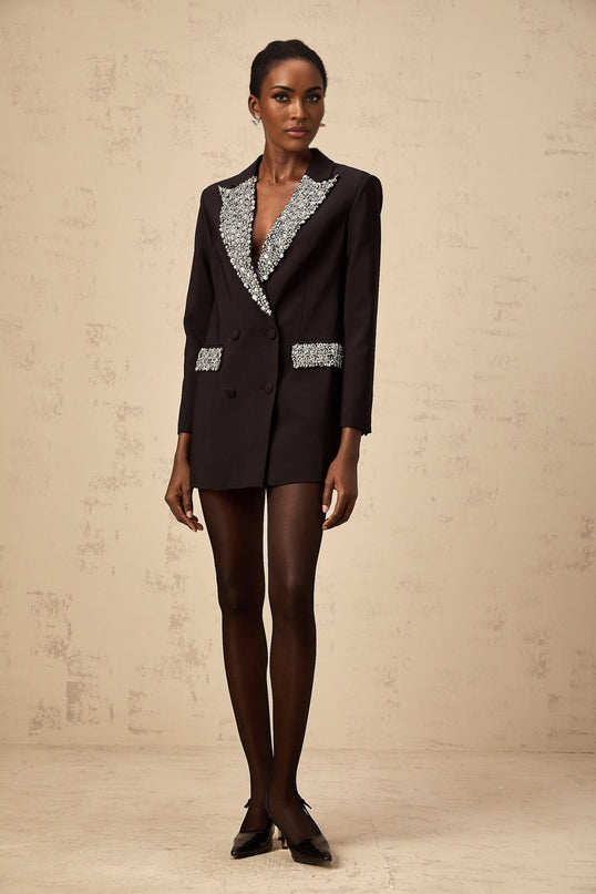 Jenna Black Crystal Embellished Blazer Peak Lapels Buttoned Cuff Sleeves Flap Pockets Double Breasted Front Button Fastening Polyester Rayon Comfort Durability Luxury Style Elegance Opulence Fashion Connoisseur