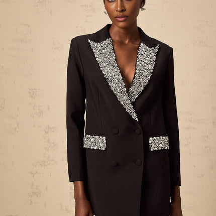 Jenna Black Crystal Embellished Blazer Peak Lapels Buttoned Cuff Sleeves Flap Pockets Double Breasted Luxury Style