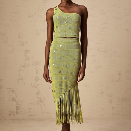 Jenna Green Knit Skirt Top Set with Silver-Tone Hardware Embellishments