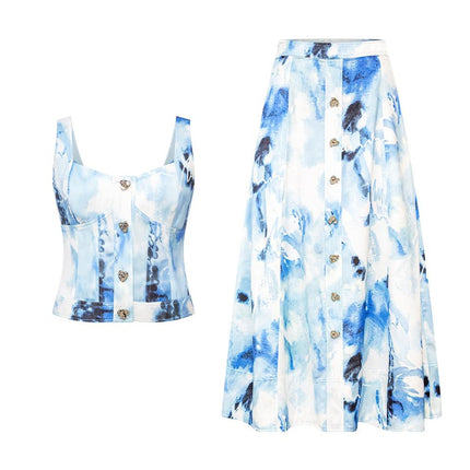 Jenny wearing Light Blue Y2K Denim Set Sleeveless Top and Mid-Calf Skirt