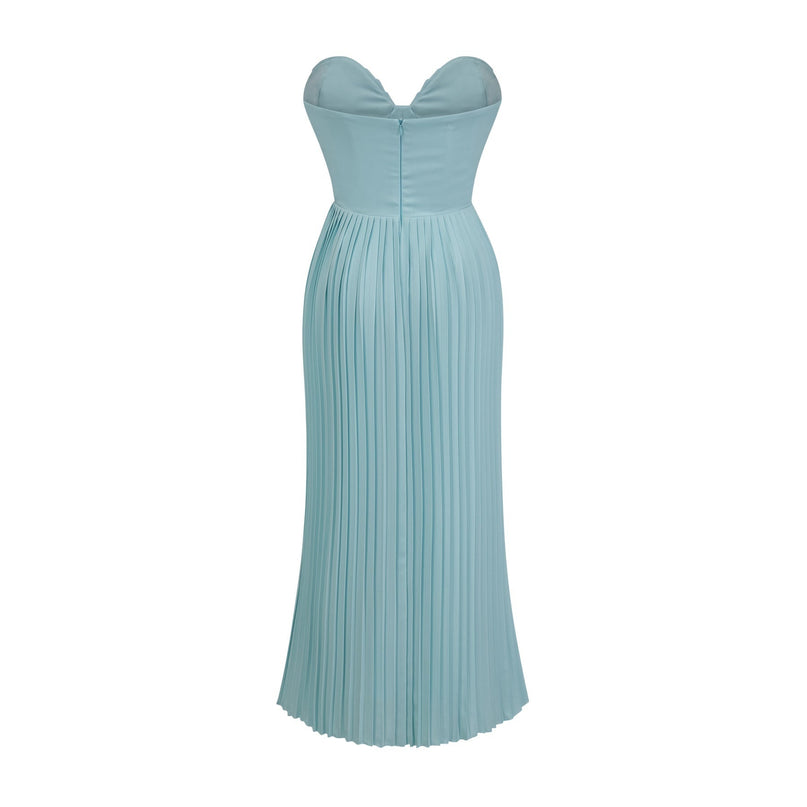 Jessica Blue Maxi Dress Sleeveless Off-Shoulder Corset Style Pleated Skirt Rear Zip Fastening Elegant Sophisticated Luxury