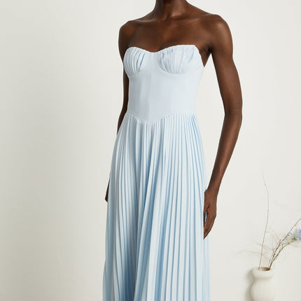 Jessica Blue Maxi Dress with Corset Style and Pleated Skirt