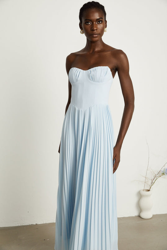 Jessica Blue Maxi Dress with Corset Style and Pleated Skirt